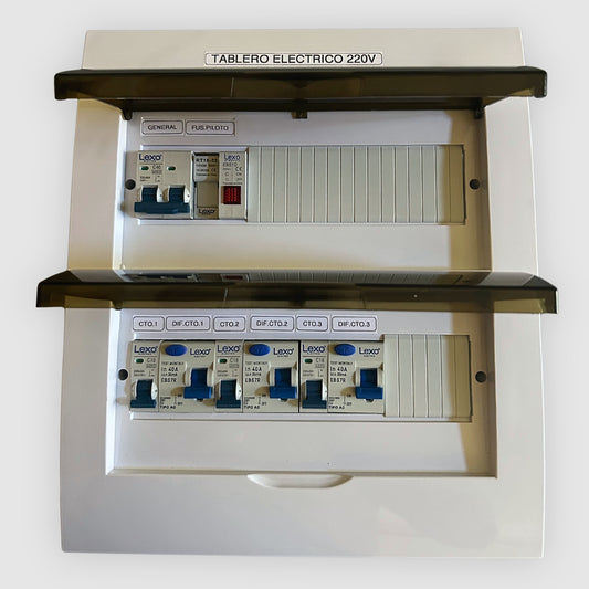 Tablero eléctrico armado 3 circuitos 220V 40A embutido con protecciones Lexo