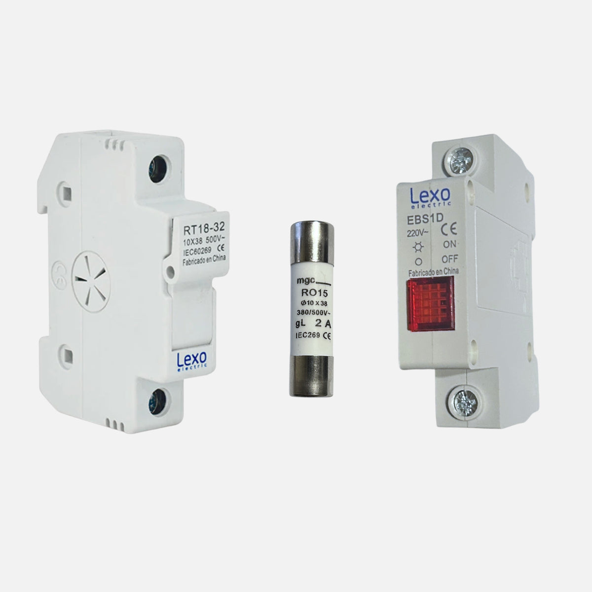 Kit portafusible 10×38 32A con fusible 2A y piloto LED rojo 220V Lexo riel DIN