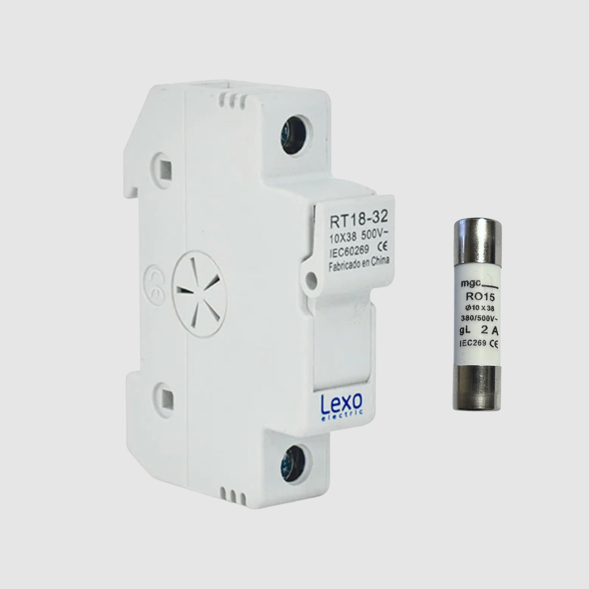 Portafusible modular Lexo 1P 10×38mm 32A riel DIN con fusible 2A