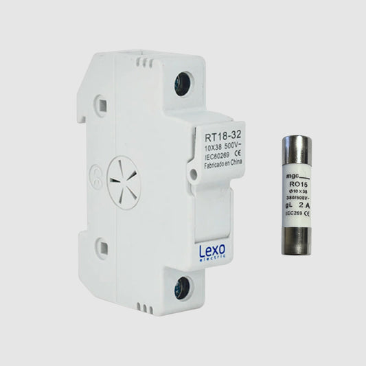 Portafusible Lexo 1P 10×38 mm 32A Riel DIN con Fusible 2A