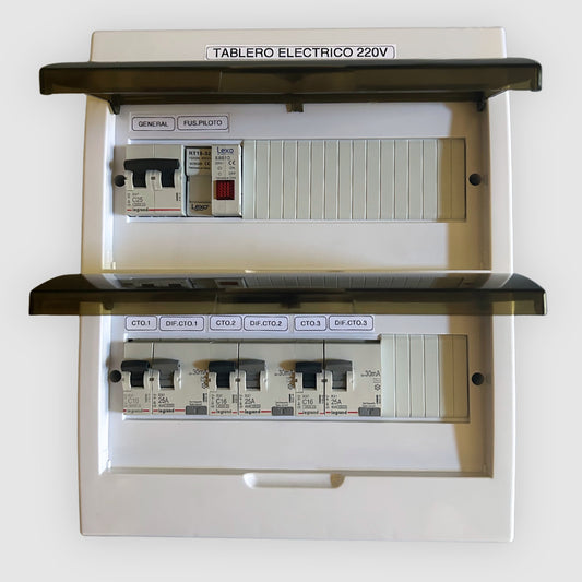 Tablero eléctrico armado 3 circuitos 220V 25A sobrepuesto con protecciones Legrand