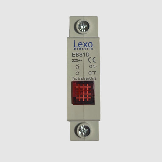 Detalle luz piloto LED Lexo roja montada en riel DIN
