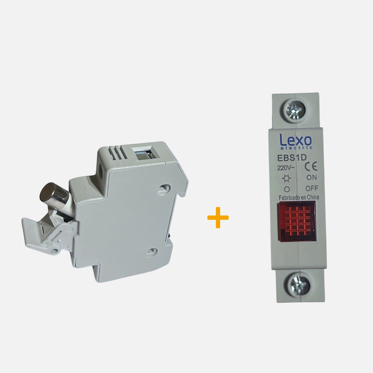 Detalle kit Lexo: portafusible con fusible y piloto LED para tablero eléctrico