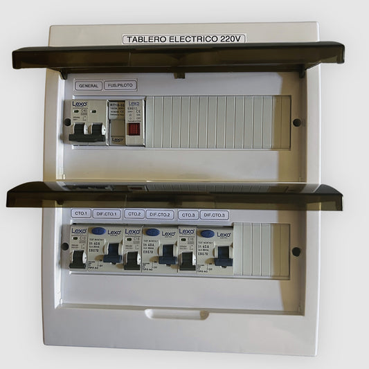 Tablero Eléctrico Armado 3 Circuitos 220V 40A 24 Módulos DIN Sobrepuesto – Protecciones LEXO