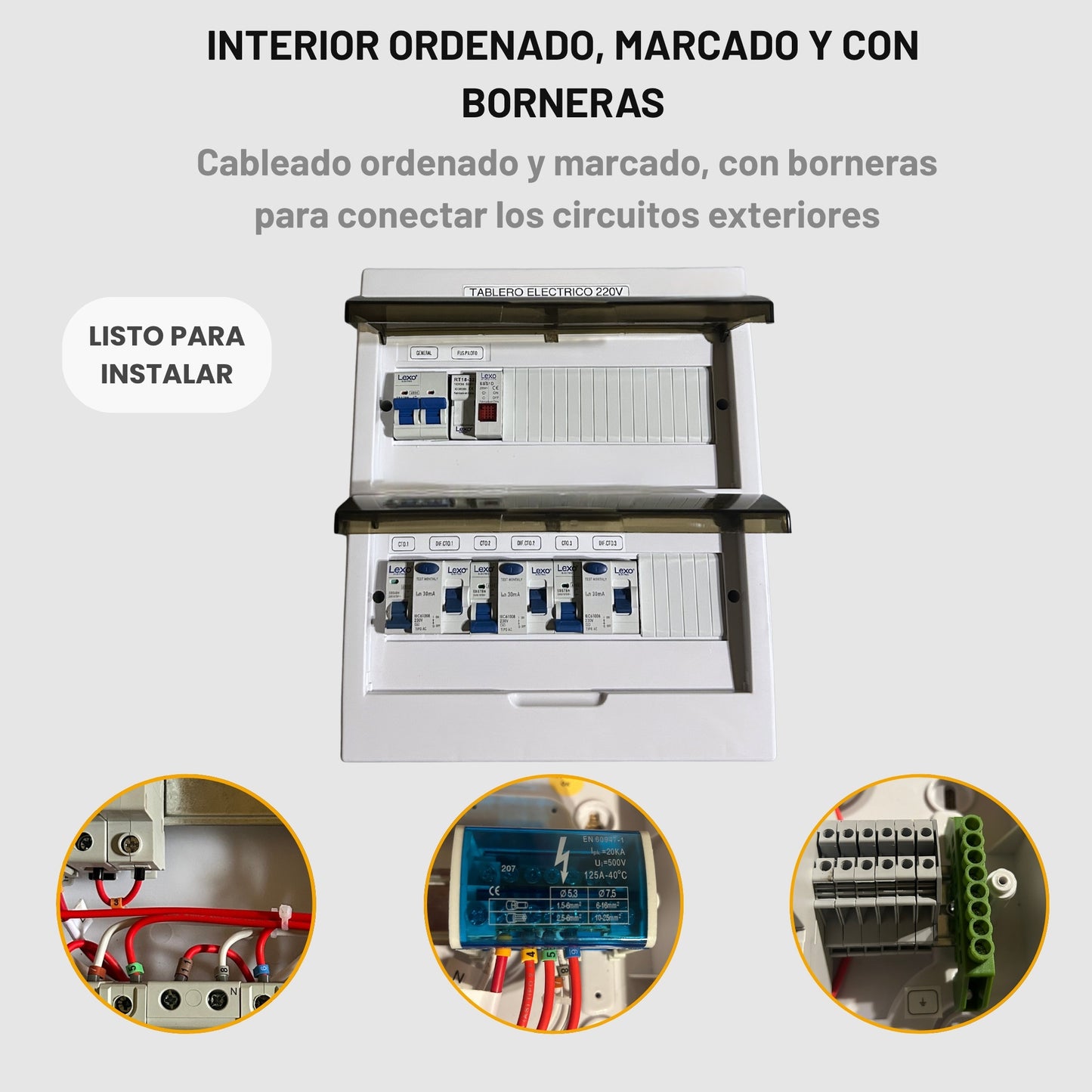 Tablero Eléctrico Domiciliario Armado 40A Sobrepuesto · 3 Ctos · 24 Módulos · Protecciones LEXO